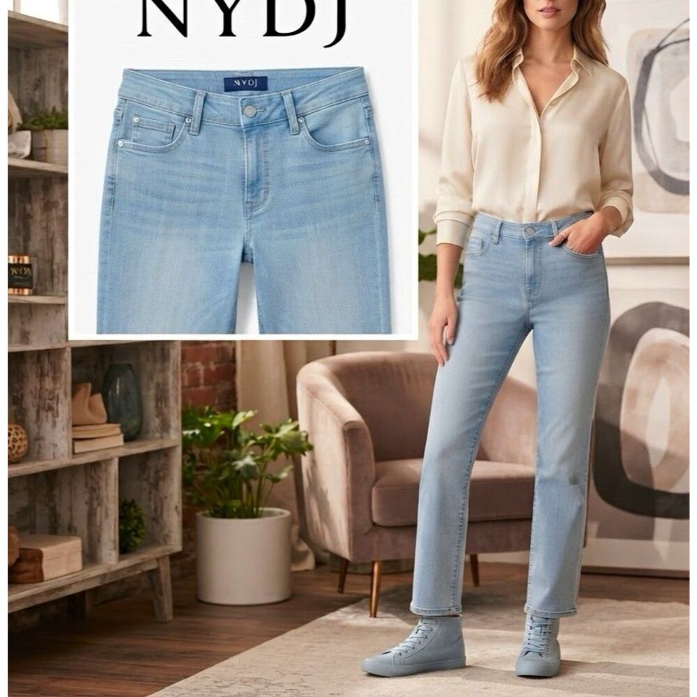 NYDJ Lift Tuck Straight Leg Jeans Light Wash Blue Denim Womens Size 6 Stretch